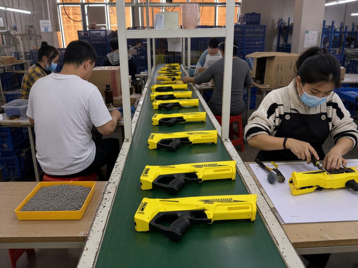 Toy assembly work area in a Chenghai production setting